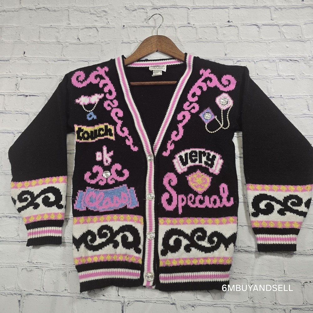 Vintage Jet Set Sweaters Cardigan Black Pink Touch of Class Very Special Medium‎